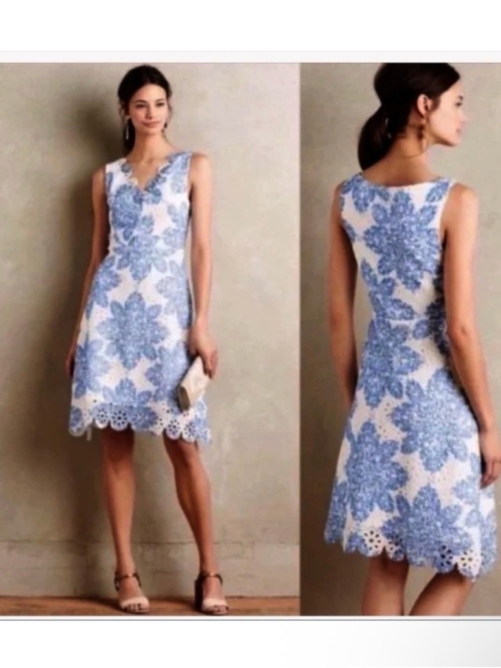 Eva Franco Anthropologie Starflower Scalloped Dress Sz 6 White Blue Lace